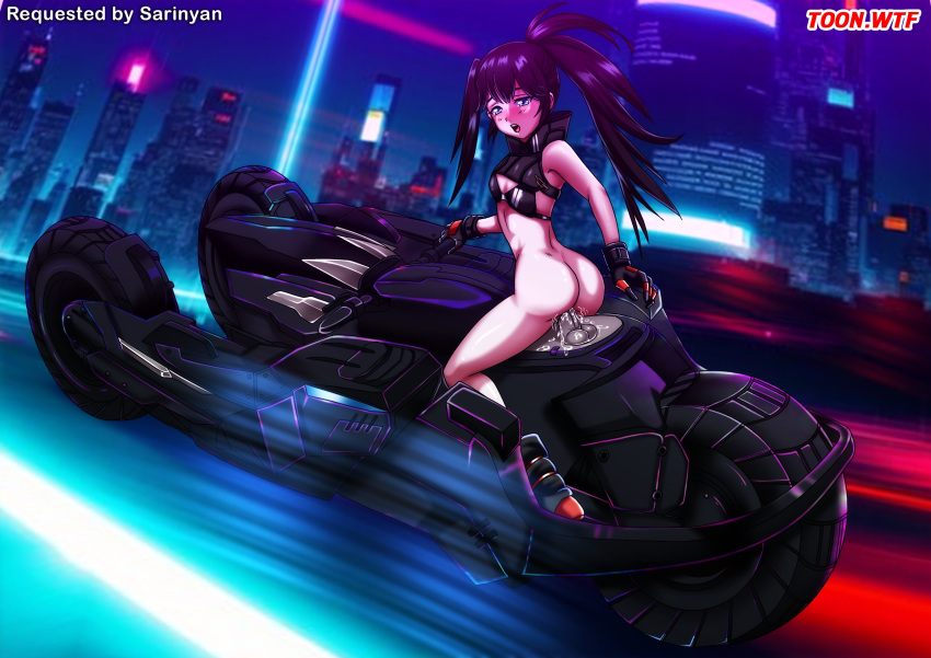 1girl 1girls 2023 ass bbmbbf bikini_top black_hair black_rock_shooter black_rock_shooter_(character) blue_eyes bra commission commissioner_upload cyberpunk dildo dildo_in_pussy female_only gloves looking_pleasured motorcycle open_mouth palcomix partially_clothed pussy_juice small_breasts tagme toon.wtf twin_tails vaginal_penetration