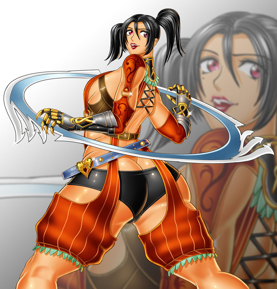 1girl alluring ass black_hair long_hair mole project_soul red_eyes sfw soul_calibur soul_calibur_iii soul_calibur_iv soul_calibur_v soul_calibur_vi standing tied_hair tira_(soulcalibur) twin_tails