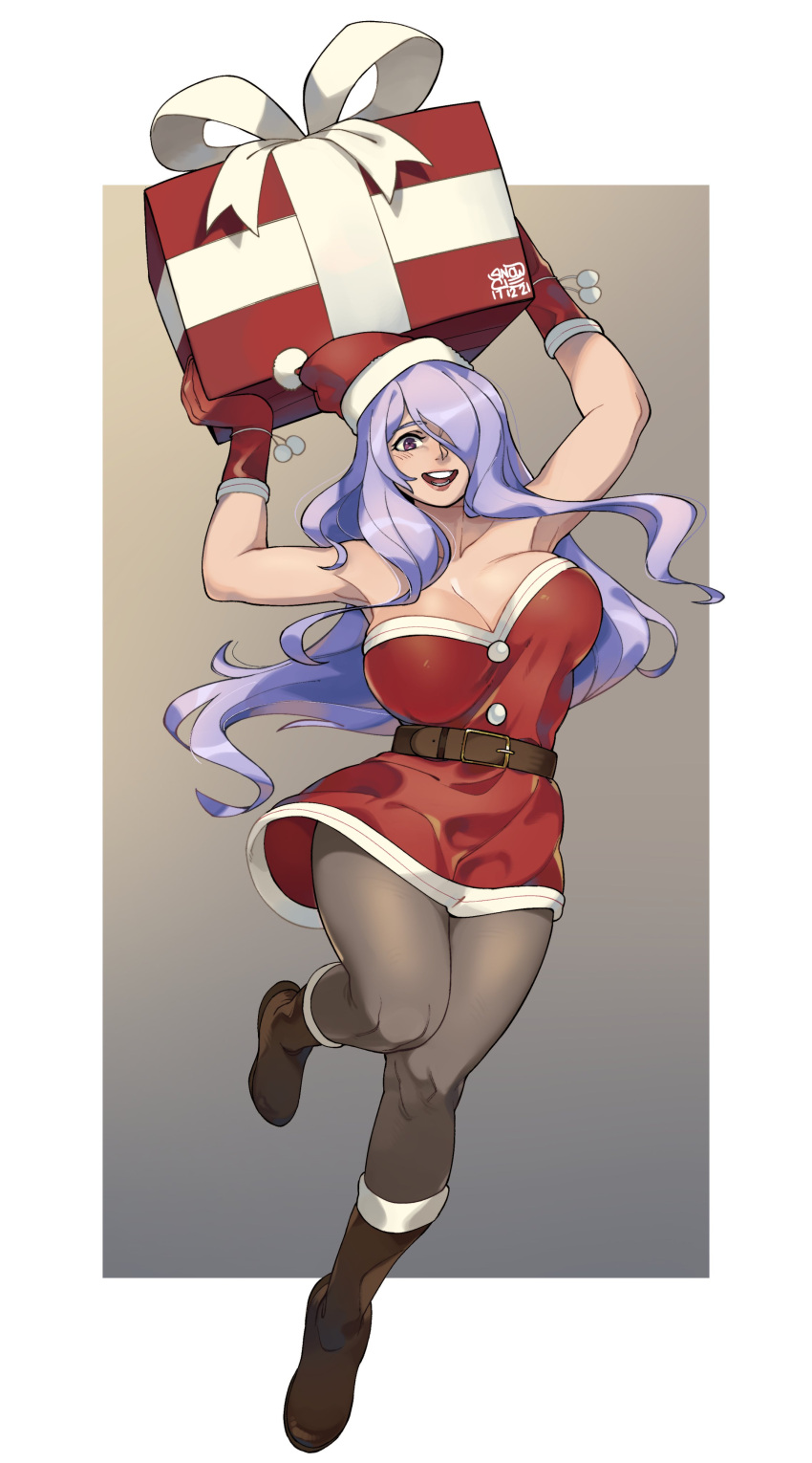 1girl 1girl 1girl absurd_res alluring alternate_costume big_breasts black_footwear black_pantyhose boots border bow box breasts camilla_(fire_emblem) christmas cleavage collarbone commission dress english_commentary female_only fire_emblem fire_emblem_fates fur_trim gift gift_box hair_over_one_eye high_res holding holding_gift long_hair nintendo one_eye_covered open_clothes open_mouth pantyhose purple_eyes purple_hair red_dress red_headwear santa_dress smile snowcie strapless strapless_dress very_long_hair white_border white_bow wholesome