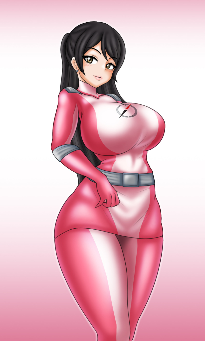 1girl 1girl alluring big_breasts black_hair bodysuit gogo_sentai_boukenger hazel_eyes nishihori_sakura no_headwear pin_up super_sentai treezero