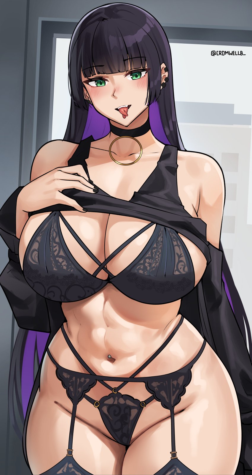 1girl 1girls abs absurd_res big_breasts bocchi_the_rock! bra breasts cromwellb green_eyes high_res huge_breasts light-skinned_female light_skin lingerie long_hair naughty_face navel pa-san panties purple_hair thick_thighs tongue_piercing wide_hips