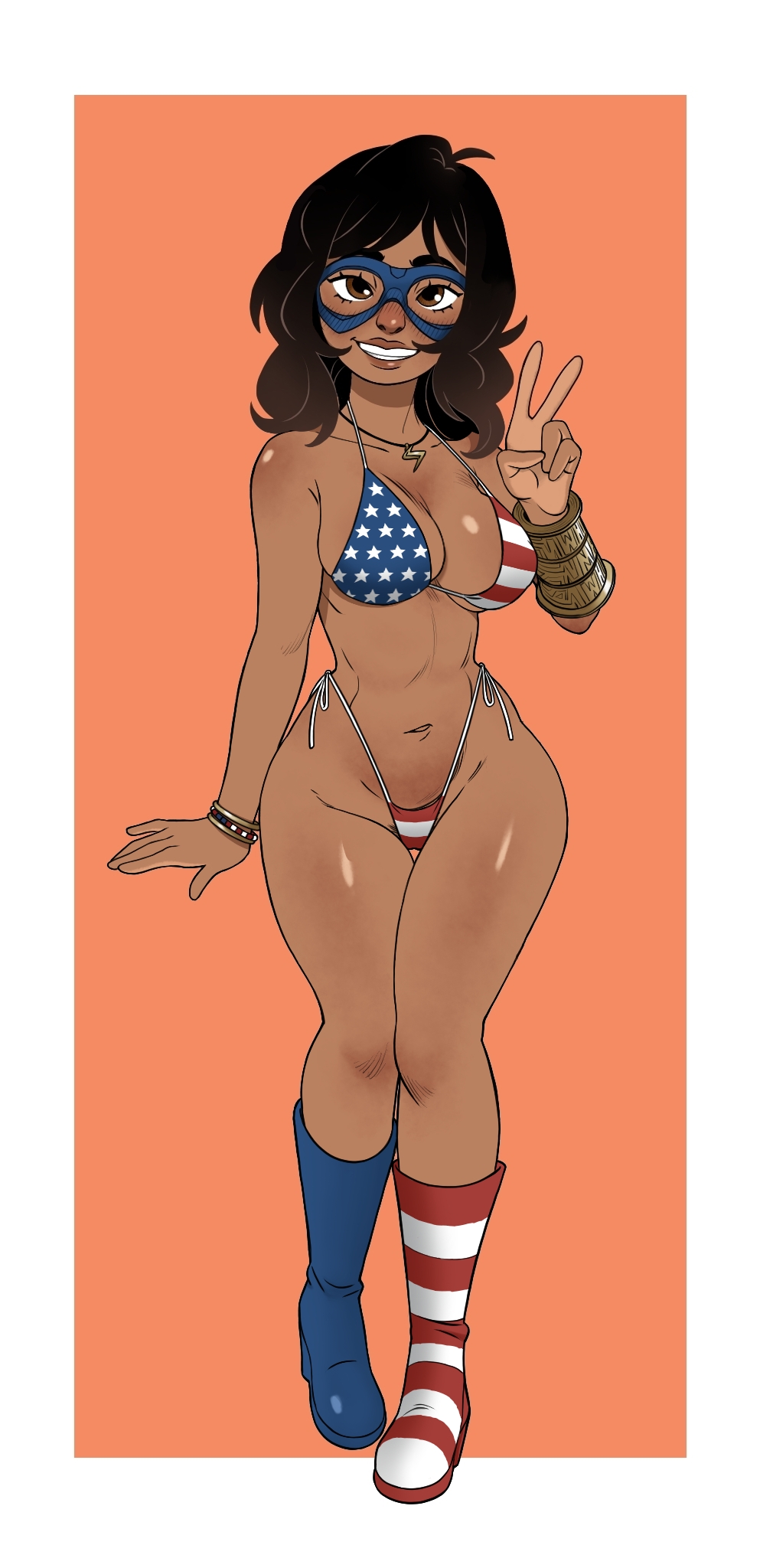 1girl abs america american_flag_bikini big_breasts bikini blush boots bracelet bracelets breasts brown_eyes brown_hair brown_skin dark-skinned_female eyemask kamala_khan marvel marvel_comics ms._marvel muslim_female necklace peace_sign pubic_hair solo_female superheroine wide_hips