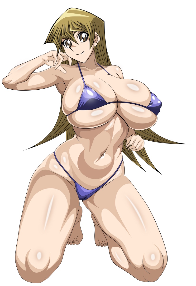 1girl alexis_rhodes alluring bare_legs big_breasts bikini brown_eyes brown_hair cleavage on_knees pin_up posing transparent_background yu-gi-oh! yxyyxy