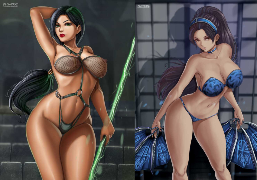 2_girls alluring athletic_female big_breasts black_hair bra brown_eyes cleavage female_abs fit_female flowerxl green_eyes jade_(mortal_kombat) kitana lingerie midway_games mortal_kombat_1_(2023) mortal_kombat_4 mortal_kombat_armageddon mortal_kombat_deadly_alliance mortal_kombat_deception mortal_kombat_ii panties pin_up ultimate_mortal_kombat_3 underwear