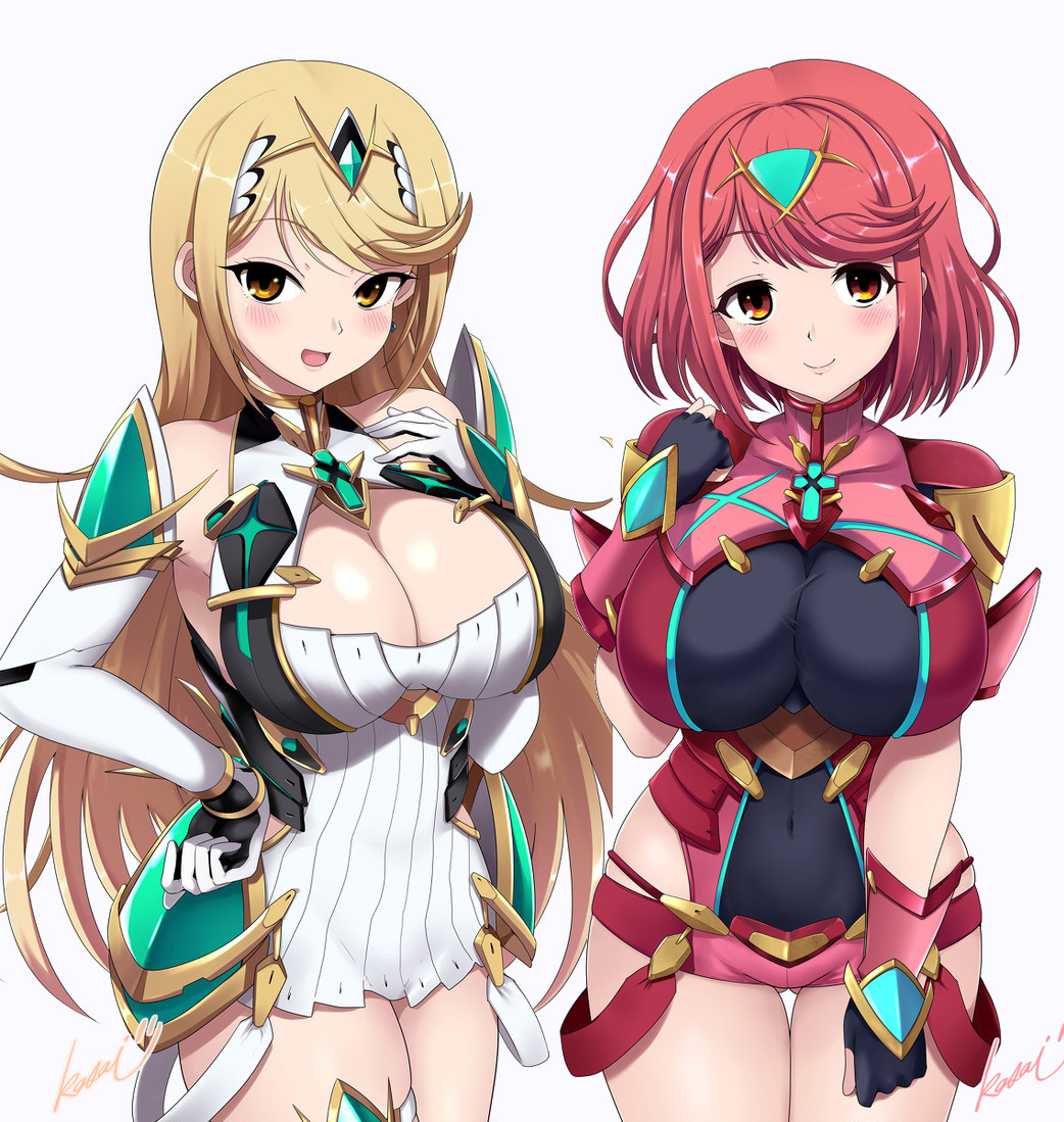 2_girls ailf alluring big_breasts blonde_hair cleavage clothed core_crystal kasai_shin milf mythra nintendo pin_up pyra red_eyes red_hair xenoblade_(series) xenoblade_chronicles_2 yellow_eyes