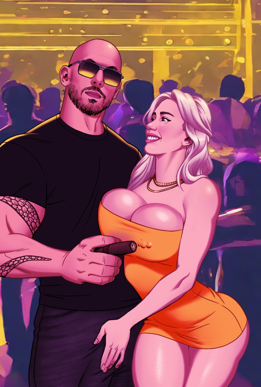 alanah_pearce bald_man big_breasts blonde_hair brown_eyes bulge_under_clothes cigar cleavage dress gold_jewelry gold_necklace grin hand_on_crotch hand_on_penis horny_female huge_breasts light-skinned_female looking_at_partner muscular_male necklace nipple_bulge nipple_piercing nipples_visible_through_clothing penis_bulge real_person sunglasses tube_dress visible_nipples youtuber_girl