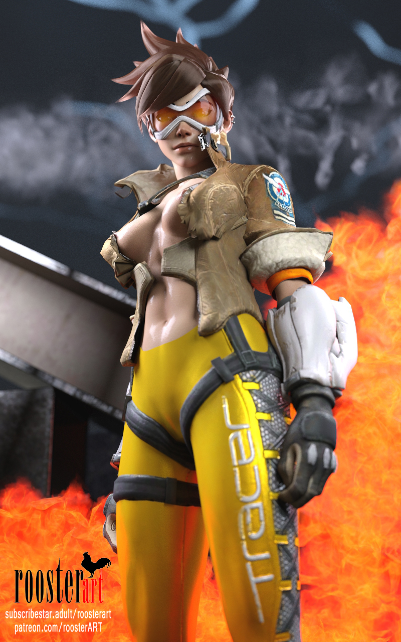 16:10 3d 3d_(artwork) belly belly_button breasts breasts breasts brown_hair brown_jacket closed_mouth erect_nipples fire fit fit_female gloves goggles jacket looking_at_viewer medium_breasts medium_hair nipples open_eyes open_jacker outside overwatch partially_clothed patreon patreon_username roosterart standing subscribestar subscribestar_username sweat sweaty tracer video_game video_game_character video_game_fanchise wet yellow_pants