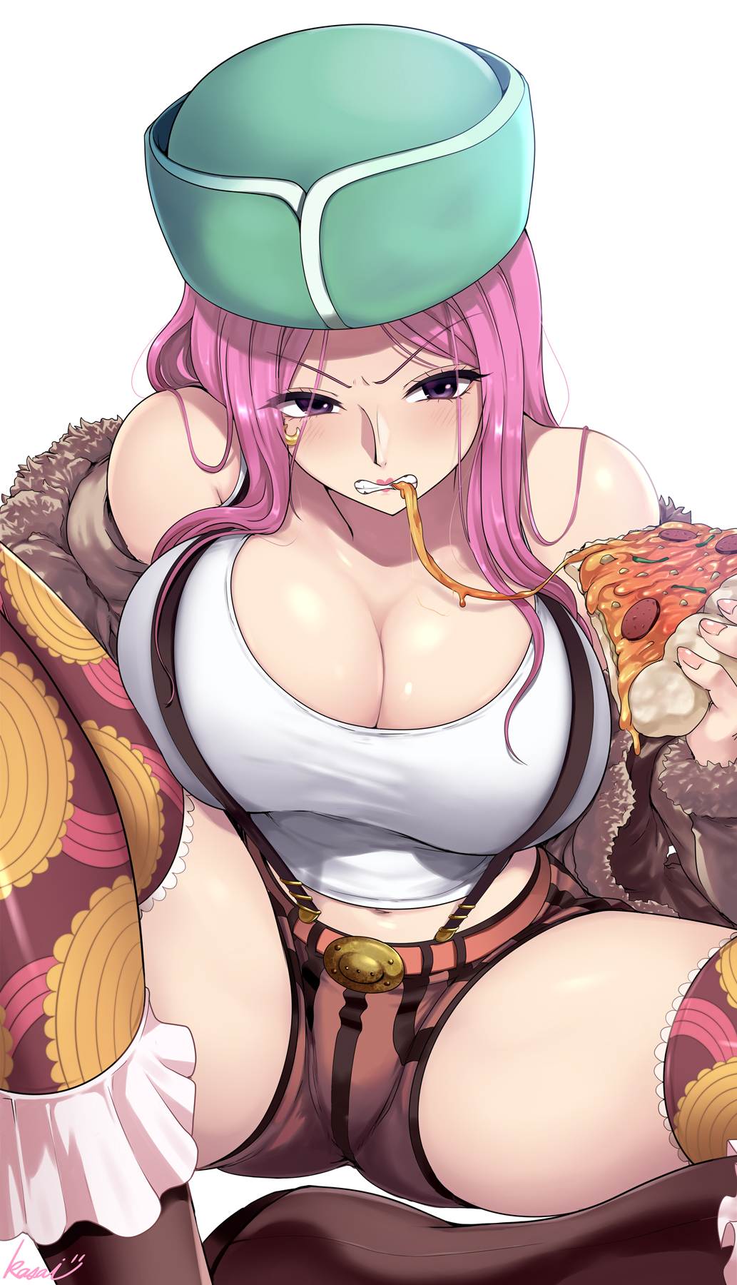 1girl 1girl 1girl angry belt big_breasts blush breasts cleavage clothed_female coat female_focus female_only food hat high_res holding_food holding_object jacket jewelry_bonney kasai_shin lipstick long_hair mature mature_female one_piece piercing pink_hair pizza purple_eyes solo_female solo_focus spread_legs stockings suspenders tagme tank_top thick_thighs thighhigh_boots