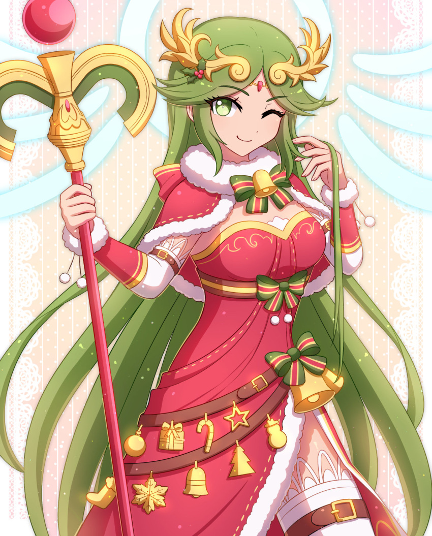 1girl 1girl adapted_costume alluring belt big_breasts breasts christmas enni forehead_jewel goddess green_eyes green_hair high_res kid_icarus laurel_crown legs long_legs multiple_belts nintendo palutena single_thighhigh staff stockings thighs tiara