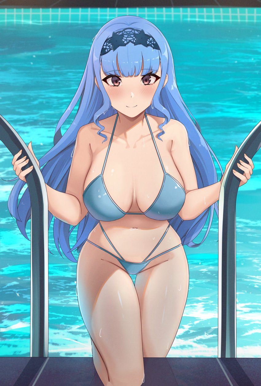 1girl 1girl alluring bare_shoulders big_breasts big_breasts bikini blue_bikini blue_hair blush breasts brown_eyes camilitrox_cr cleavage collarbone commentary english_commentary eyelashes fire_emblem fire_emblem:_three_houses high_res long_hair looking_at_viewer marianne_von_edmund navel nintendo pool smile swimming_pool swimsuit water