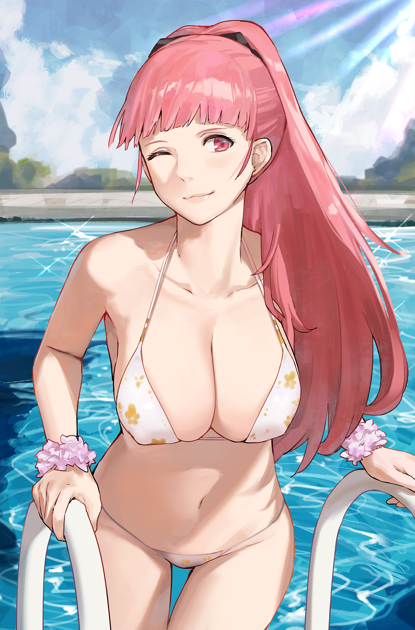 1girl 1girl alluring big_breasts bikini blue_sky blunt_bangs breasts cleavage cloud female_focus fire_emblem fire_emblem:_three_houses halterneck high_res hilda_valentine_goneril j@ck long_hair matching_hair/eyes navel nintendo one_eye_closed outside pink_eyes pink_hair pool scrunchie skindentation sky smile string_bikini swimsuit thighs water white_bikini wink wrist_scrunchie wristband