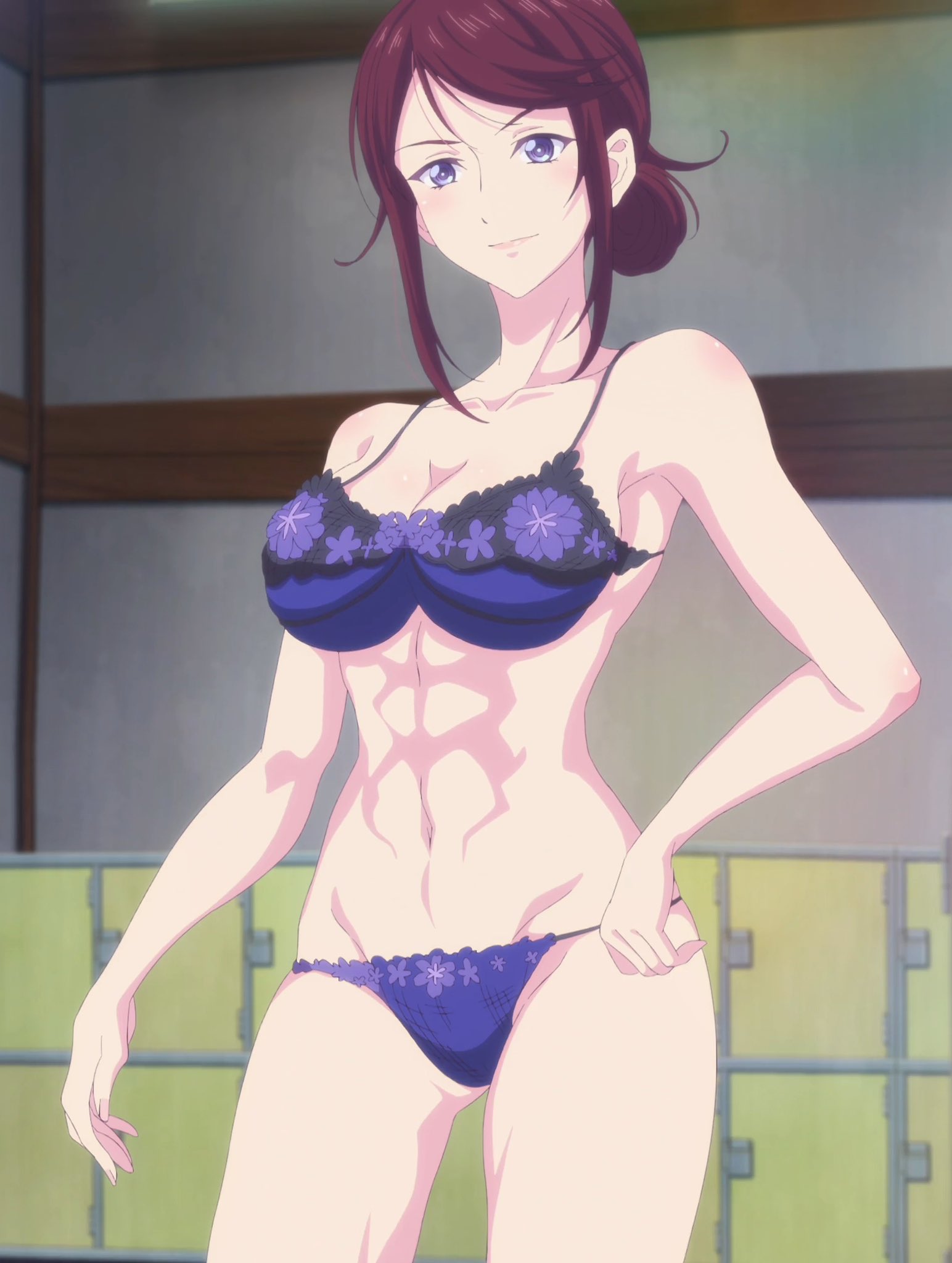 1girl abs acchan_(megami_no_kafeterasu) alluring athletic_female big_breasts black_hair blue_eyes bra breasts cleavage confident female_abs female_only fit_female glasses hand_on_hip locker_room magenta_hair megami_no_kafeterasu navel panties pose posing purple_eyes screencap smile stitched third-party_edit voluptuous