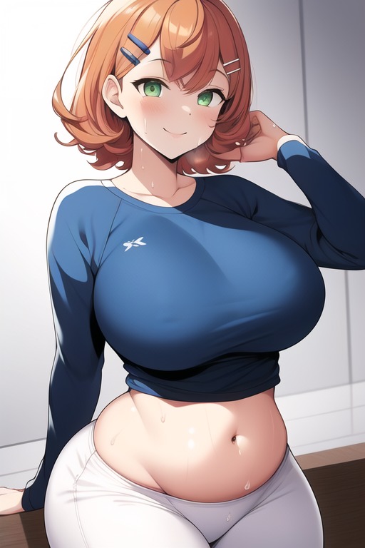 1girl aged_up ai_generated ben_10 big_breasts breasts cartoon_network clothing female female_only frosting.ai green_eyes grin gwen_tennyson hairclip human looking_at_viewer navel orange_hair pants shirt short_hair smile smiling_at_viewer solo sweat thick_thighs