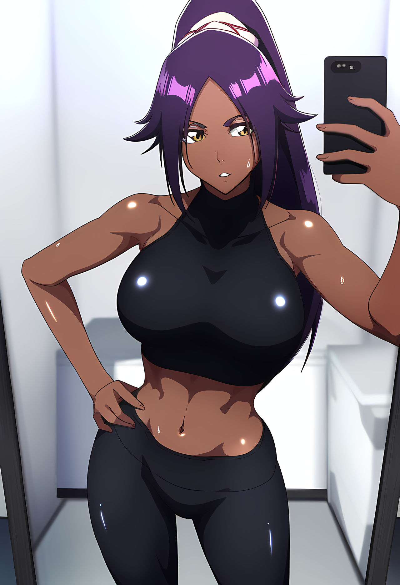 1girl ai-generated ai_generated big_breasts bleach breasts cellphone dark-skinned_female dark_skin legs long_hair mature_female selfpic sexually_suggestive shihouin_yoruichi solo_focus workout_clothes yellow_eyes