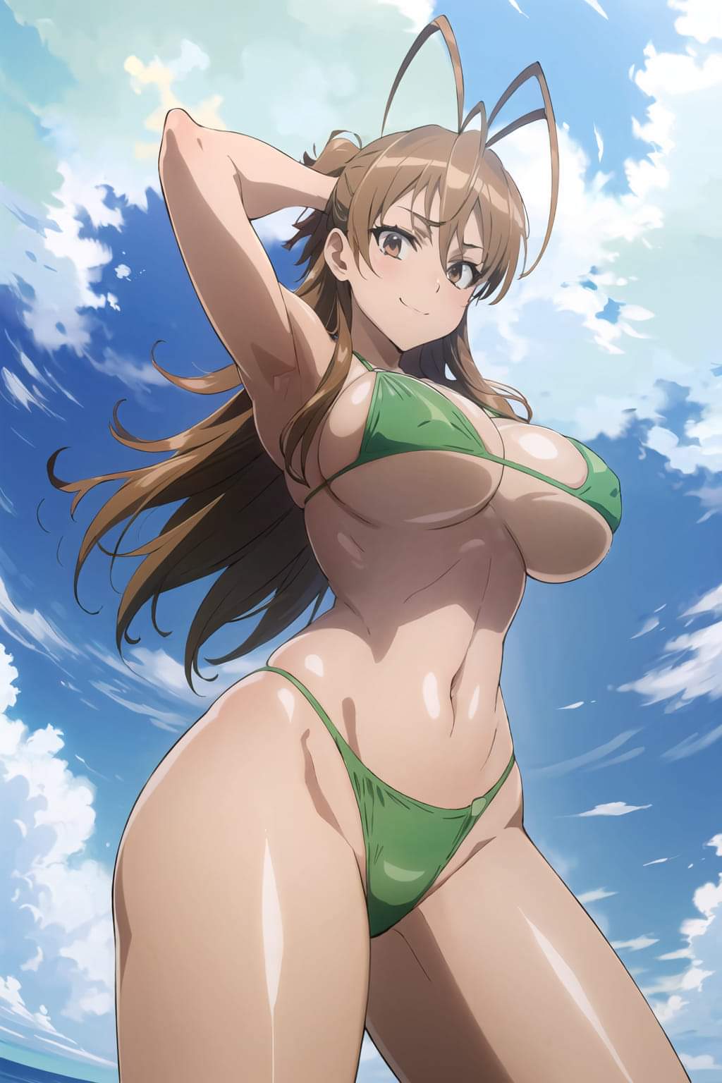 1girl ai_generated armpits beach big_breasts bikini breasts curvy highschool_of_the_dead hips looking_at_viewer looking_down navel nipples rei_miyamoto smile stable_diffusion thick_thighs thighs wide_hips