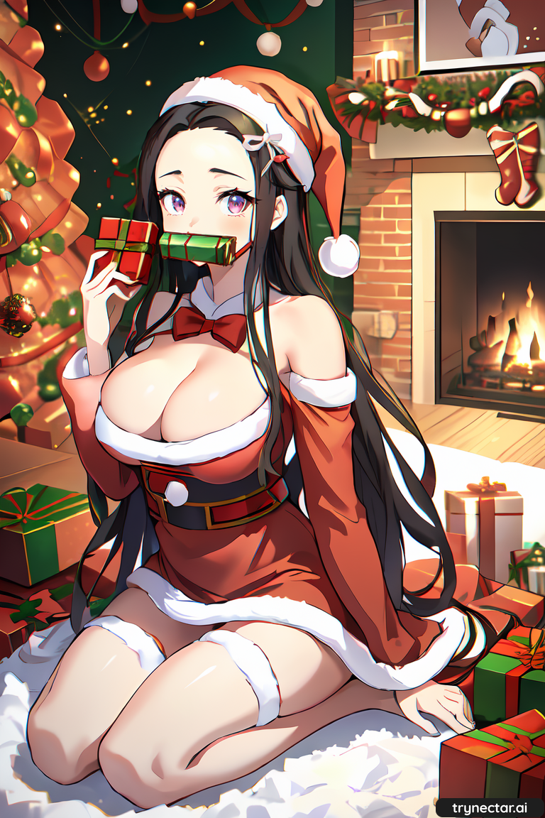1girl ai_generated big_breasts breasts christmas christmas_outfit christmas_tree cleavage demon_slayer female_only fireplace gift_box hentai kimetsu_no_yaiba nezuko_kamado sitting trynectar.ai waifu2x