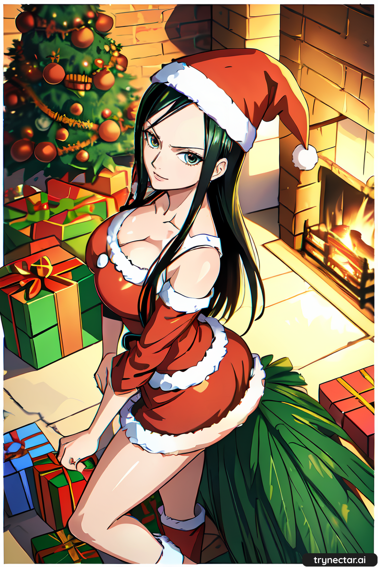 1girl ai_generated breasts christmas christmas_outfit christmas_tree female_only fireplace gift_box hentai nico_robin one_piece trynectar.ai waifu2x