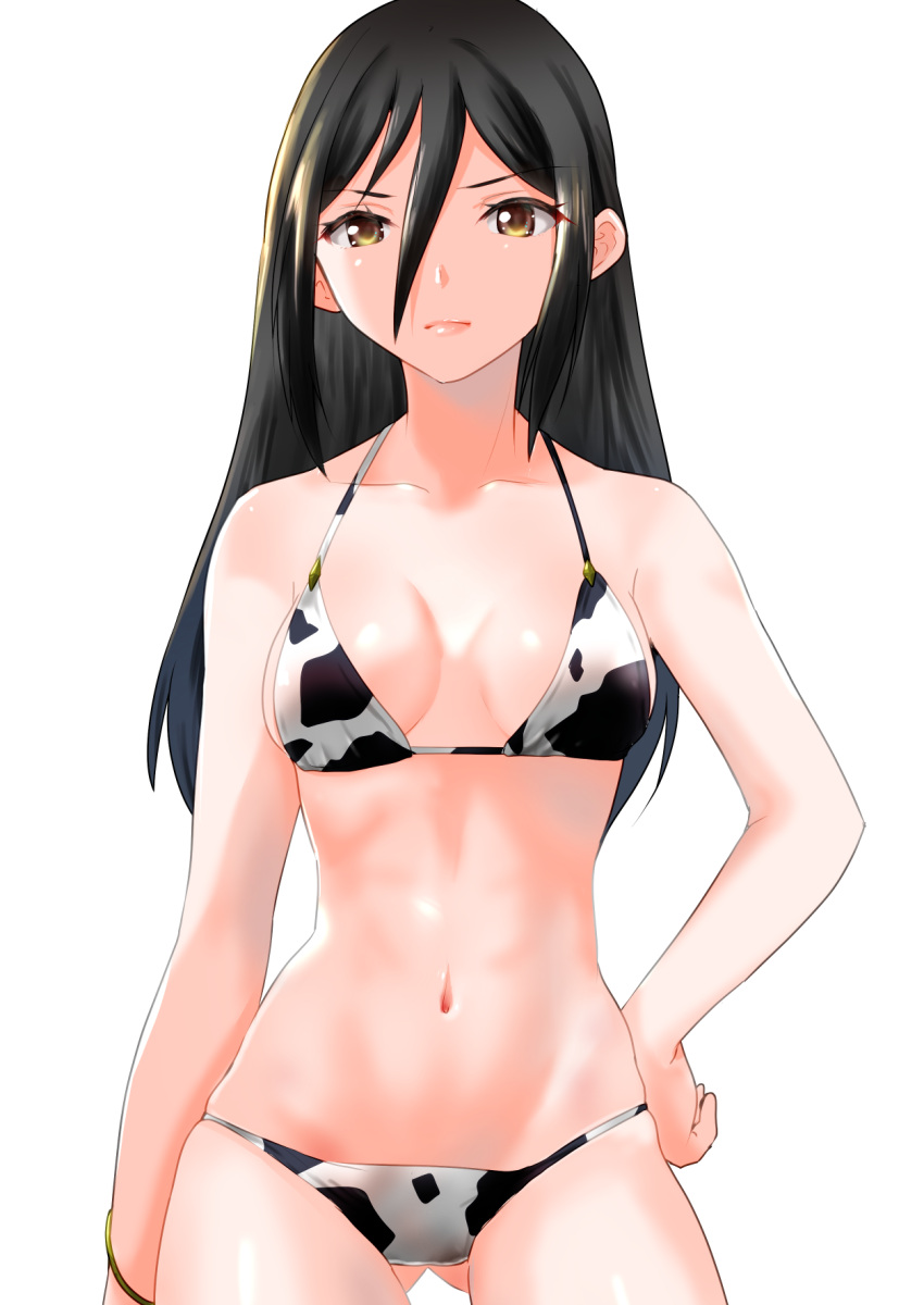 1girl alluring bikini black_hair bracelet breasts cow_print cow_print_bikini cow_print_swimsuit hand_on_hip long_hair looking_at_viewer medium_breasts midriff morag_ladair navel nayuta-kanata nintendo swimsuit xenoblade_(series) xenoblade_chronicles_2 yellow_eyes