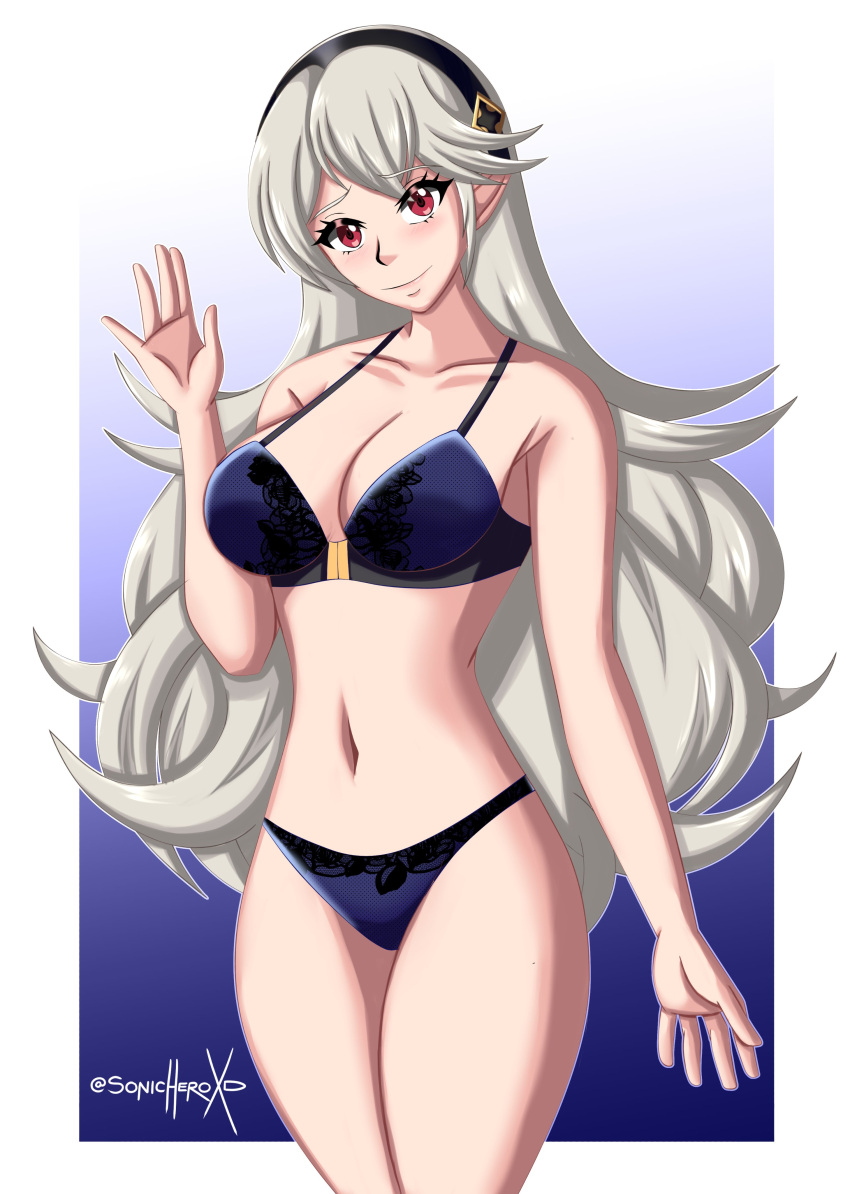 1girl alluring bra breasts cleavage corrin_(fire_emblem) corrin_(fire_emblem)_(female) female_only fire_emblem fire_emblem_fates medium_breasts nintendo panties red_eyes sonicheroxd underwear