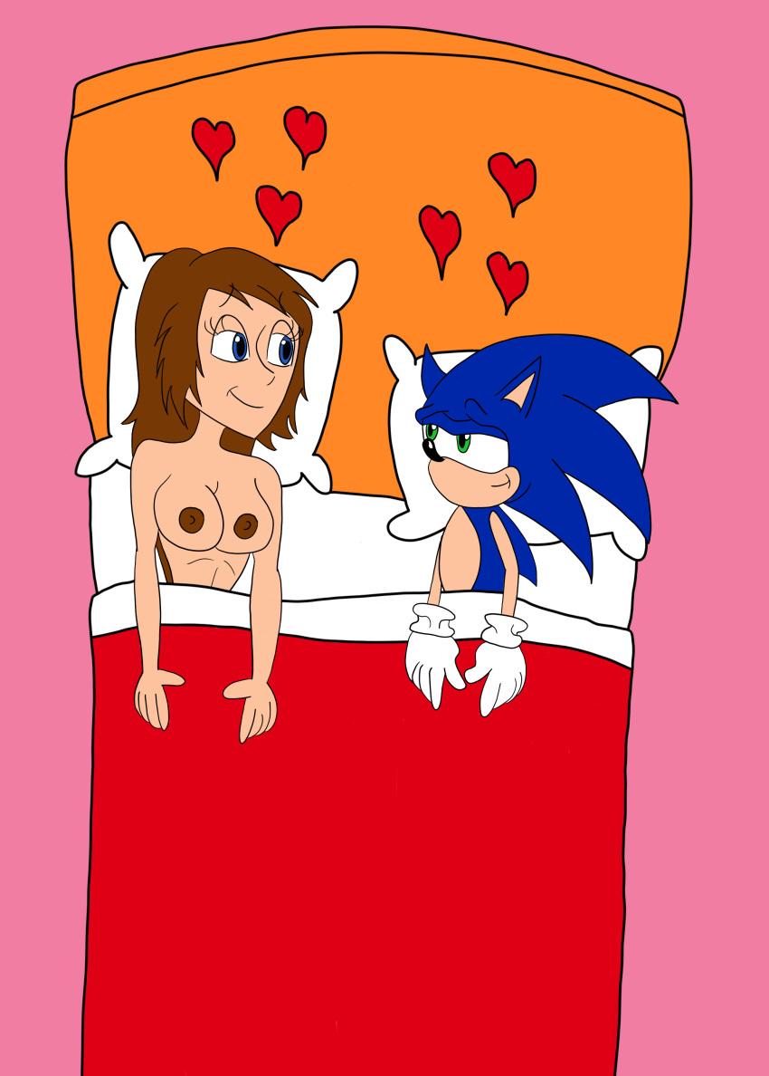 1girl bed bedroom blanket breasts closed_mouth furry green_eyes heart human night nipples open_eyes pillow sarah sega sega sexy smile sonic_the_hedgehog_(series) white_gloves