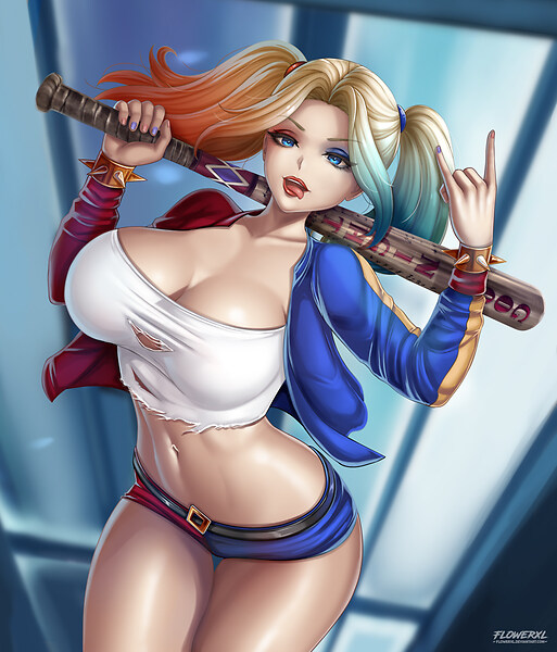 1girls artist_logo artist_signature baseball_bat batman_(series) blonde_hair breasts clevage curvy curvy_female dc_comics detailed_background deviantart_username female_focus fishnet_pantyhose flowerxl hand_on_weapon harley_quinn horns_pose hot_pants hotpants hourglass huge_breasts jacket makeup pale-skinned_female ponytail purple_and_pink_nails purple_pants red_and_blue suicide_squad tongue_out weapon white_topwear