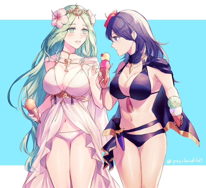 2_girls alluring big_breasts bikini black_bikini breasts byleth_(fire_emblem) byleth_(fire_emblem)_(female) byleth_(summer)_(fire_emblem)_(female) cleavage commentary_request fire_emblem fire_emblem:_three_houses fire_emblem_heroes flower food green_eyes green_hair hair_flower hair_ornament high_res holding_ice_cream_cone ice_cream ichi_(dndk01) long_hair multiple_girls navel nintendo official_alternate_costume open_mouth rhea_(fire_emblem) rhea_(summer)_(fire_emblem) sideboob swimsuit teal_hair white_bikini