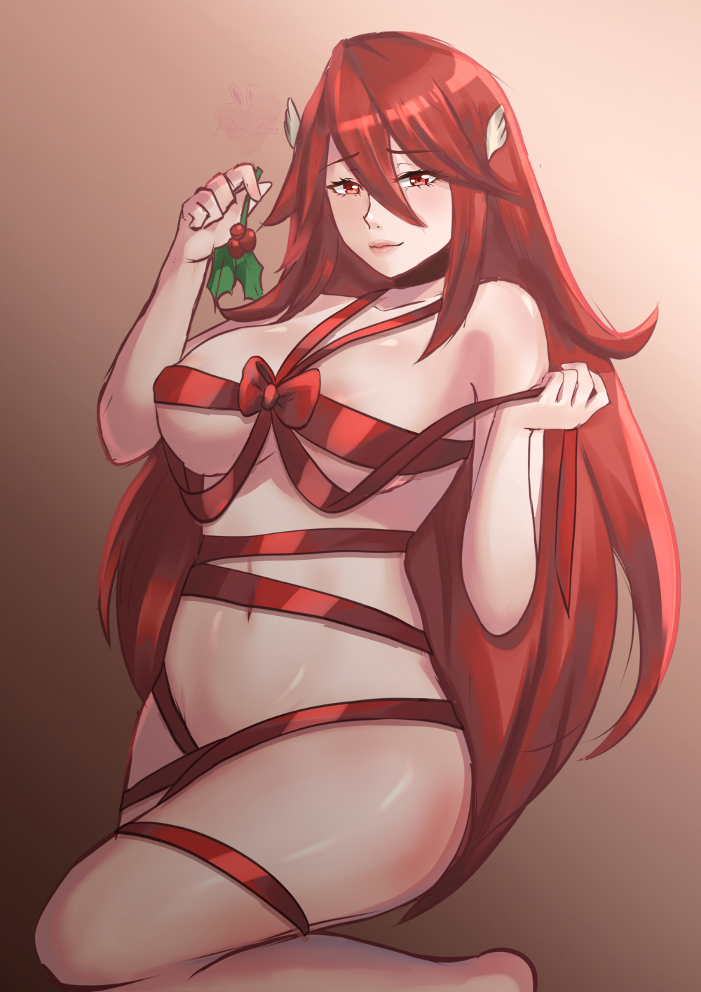 1girl 1girl 1girl alluring breasts christmas cordelia_(fire_emblem) female_only fire_emblem fire_emblem_awakening gift_wrapping looking_at_viewer medium_breasts milf mistletoe naked_ribbon nintendo red_eyes red_hair ribbon rinku_bny