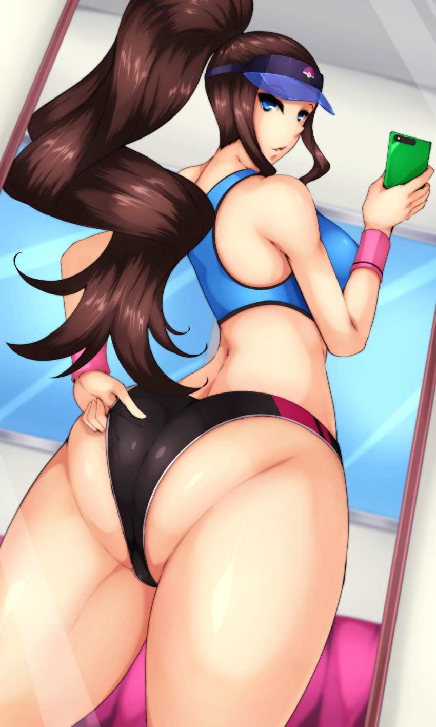 1girl 1girl absurd_res adjusting_clothes alluring ass bare_shoulders blue_eyes byakkun_(byakkun8181) creatures_(company) from_behind game_freak high_res hilda hilda_(pokemon) holding holding_phone huge_ass long_hair looking_at_viewer looking_back micro_shorts nintendo open_mouth phone pokemon pokemon_bw ponytail shorts sports_bra thick_thighs thighs touko touko_(pokemon) visor_cap