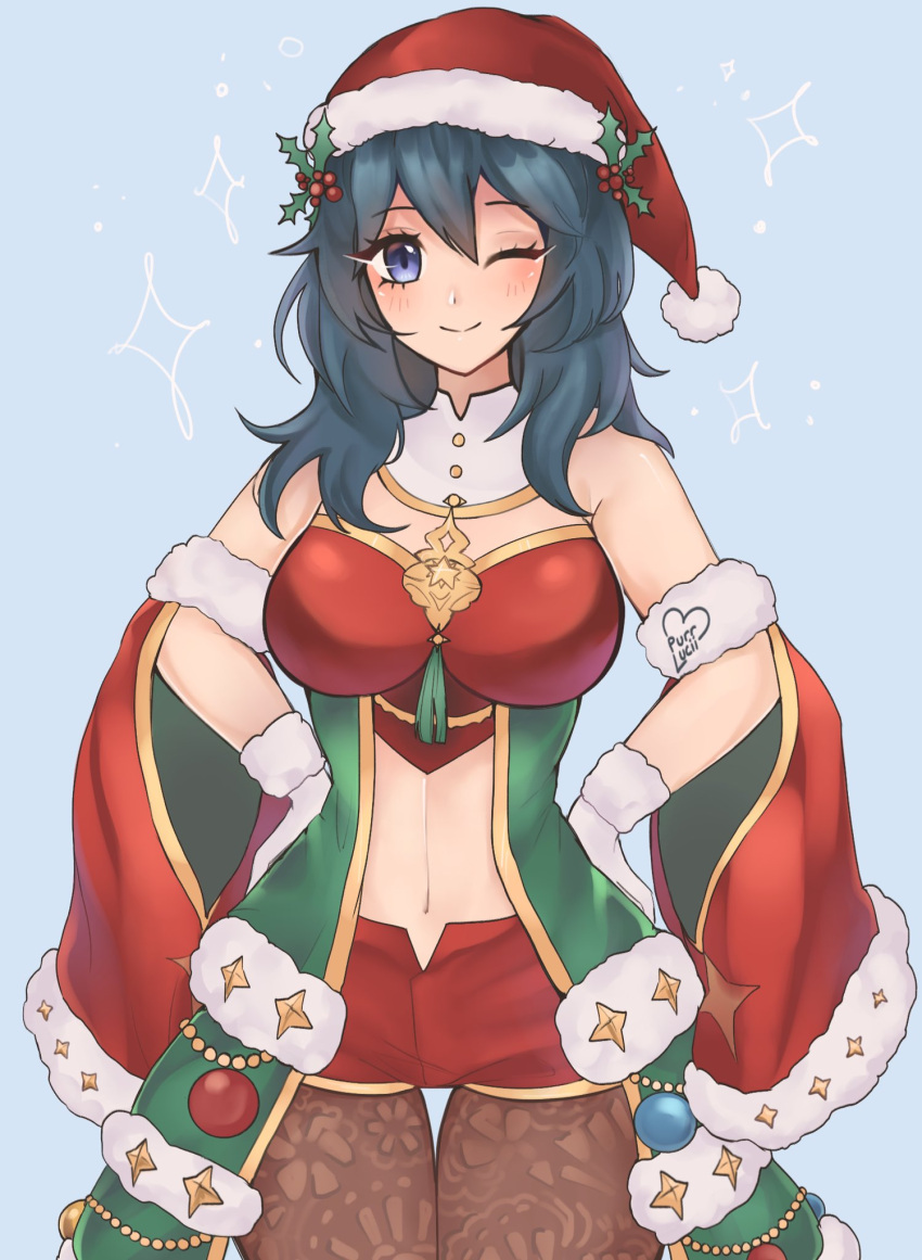 1girl 1girl ;) alluring bare_shoulders blue_background blue_eyes blush brown_pantyhose byleth_(fire_emblem) byleth_(fire_emblem)_(female) christmas commentary cowboy_shot detached_sleeves fire_emblem fire_emblem:_three_houses fire_emblem_heroes gloves hands_on_own_hips hat high_res long_hair looking_at_viewer midriff navel nintendo official_alternate_costume one_eye_closed pantyhose purrlucii red_headwear red_shirt red_shorts santa_hat shirt short_shorts shorts simple_background smile standing stomach strapless strapless_shirt teal_hair thighs white_gloves