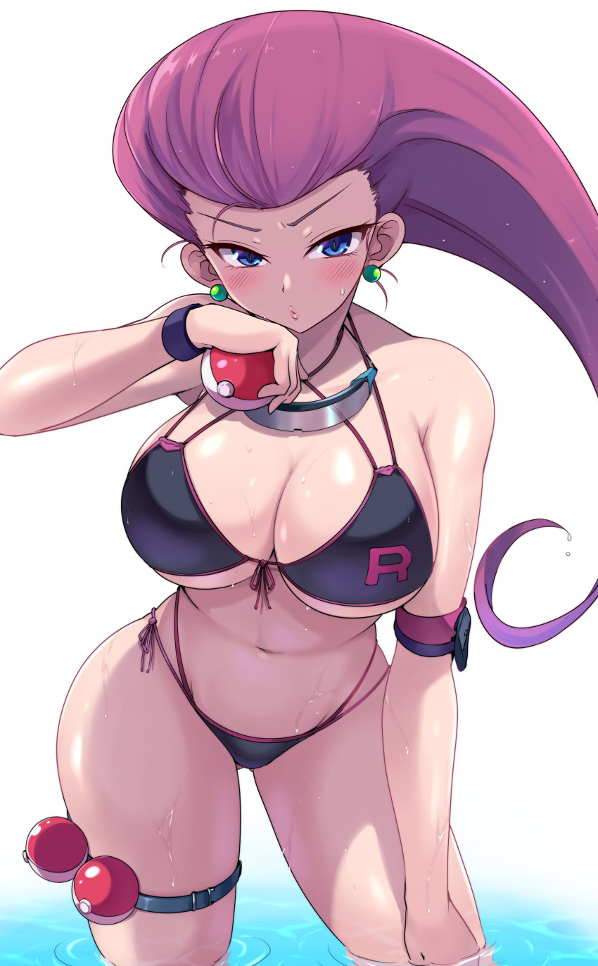 1girl 2021 alternate_breast_size big_breasts bikini black_bikini blue_eyes blue_sky breasts cleavage clothed_female earrings female_focus front-tie_bikini green_earrings hips holding_object huge_breasts human jessie_(pokemon) kasai_shin long_hair mature mature_female musashi_(pokemon) nintendo outside panties poke_ball pokemon pokemon_(anime) red_hair rn side-tie_bikini slim_waist solo_female standing swimsuit tagme team_rocket thick_thighs thighband thighs video_game_franchise wide_hips