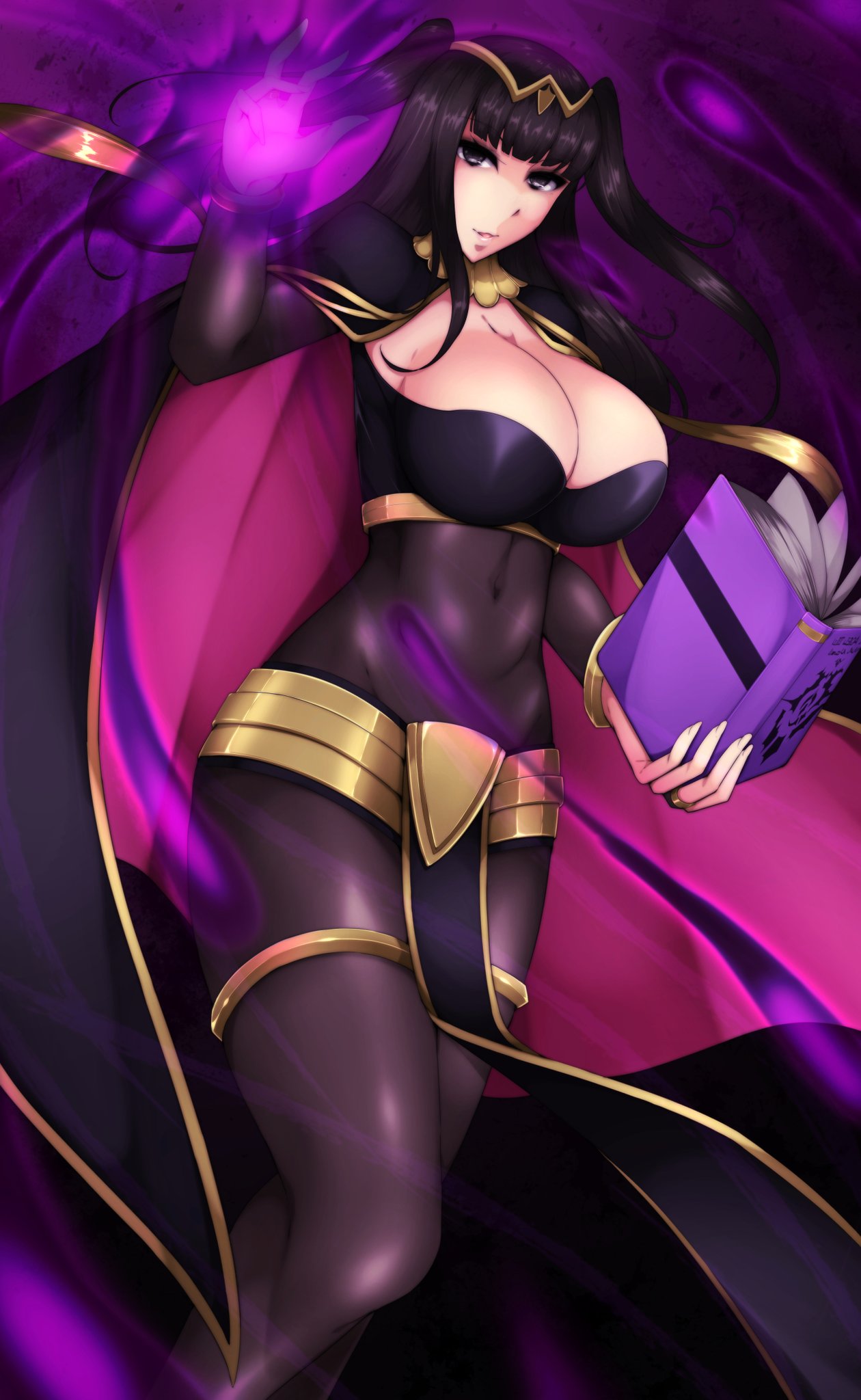 1girl alluring big_breasts black_eyes black_hair book breasts byakkun_(byakkun8181) cape cleavage fire_emblem fire_emblem_awakening high_res long_hair magic milf nintendo spellbook tharja tharja_(fire_emblem) transparent twin_tails