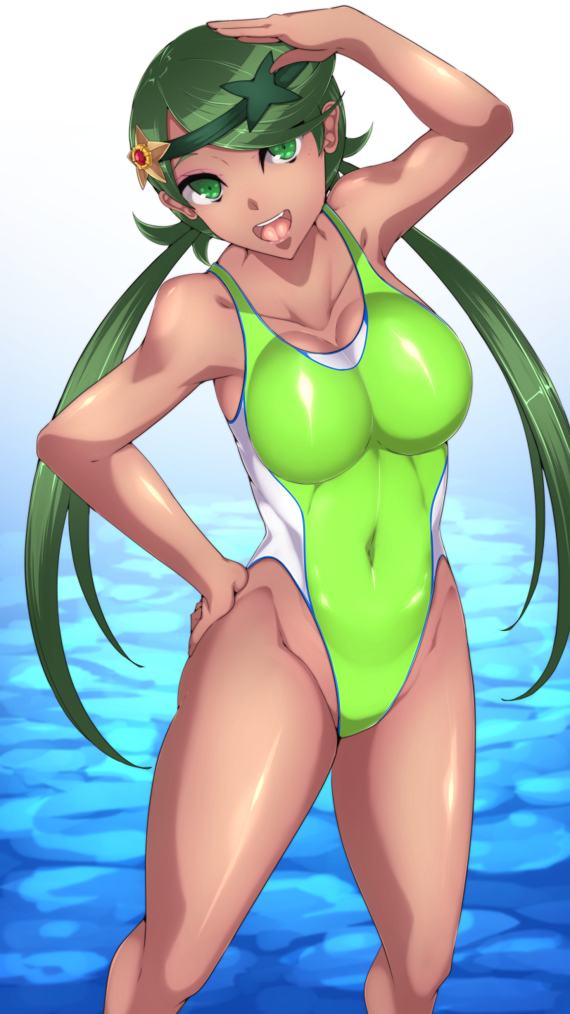 1girl alluring big_breasts breasts byakkun_(byakkun8181) competition_swimsuit creatures_(company) dark-skinned_female dark_skin game_freak green_eyes green_hair high_res highleg highleg_swimsuit long_hair mallow mallow_(pokemon) nintendo one-piece_swimsuit pokemon pokemon_sm sleeveless star_(symbol) swimsuit teeth twin_tails upper_teeth_only water