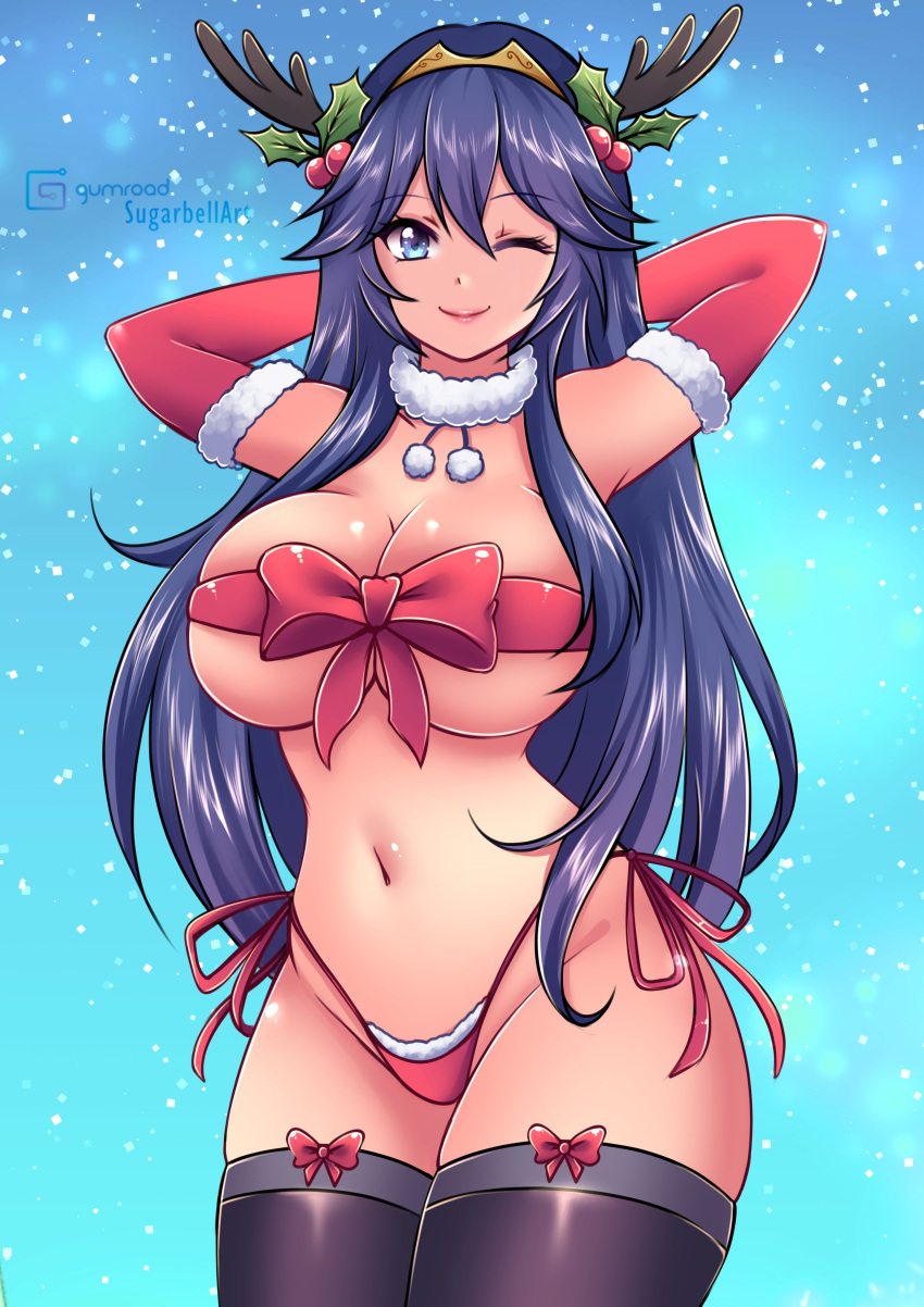 1girl alternate_breast_size antlers arms_behind_head bare_thighs big_breasts blue_eyes blue_hair breasts christmas christmas_outfit cleavage elbow_gloves female_only fire_emblem fire_emblem_awakening gloves holly_(plant) lingerie long_hair looking_at_viewer lucina lucina_(fire_emblem) naked_ribbon nintendo panties red_panties ribbon sky snow stockings sugarbell thick_thighs thighs tiara under_boob underwear very_long_hair wink