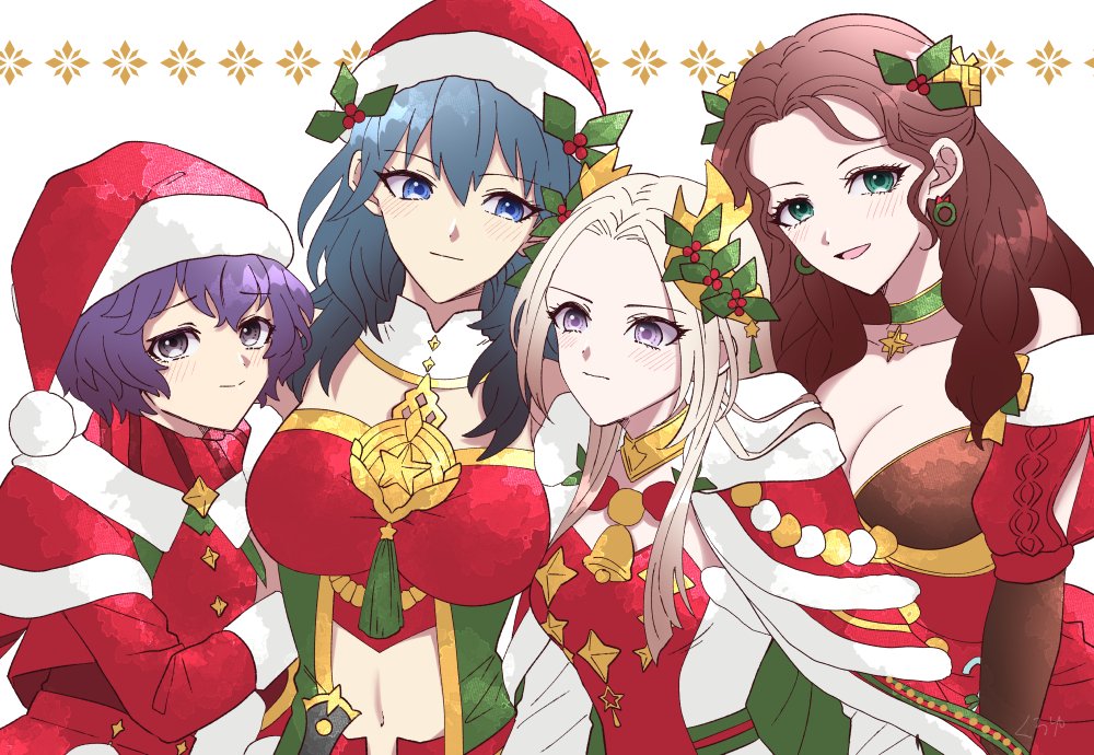 4girls alluring bernadetta_von_varley big_breasts blue_eyes breasts brown_hair byleth_(fire_emblem) byleth_(fire_emblem)_(female) cape christmas cleavage dorothea_arnault earrings edelgard_von_hresvelg fire_emblem fire_emblem:_three_houses fire_emblem_heroes green_eyes hat jewelry kuroyu66 long_hair long_sleeves multiple_girls nintendo purple_eyes purple_hair santa_costume santa_hat short_hair small_breasts small_breasts teal_hair white_background white_hair