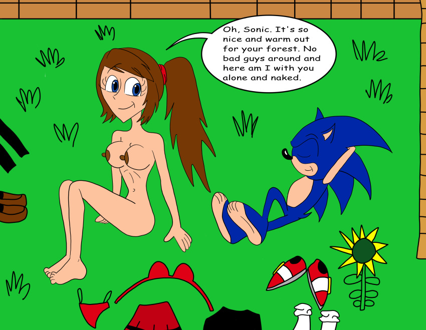 ass barefoot blue_eyes breasts brown_hair closed_eyes closed_mouth english_text feet flower forest furry grass hedgehog laying_down matiriani28 naked_female navel nipples nude outside red_shoes relaxing sarah sega sega sitting_on_grass smile socks sonic_the_hedgehog sonic_the_hedgehog_(series) text text_bubble toes