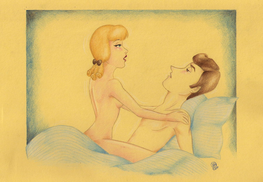 1boy 1girl 2010 bare_arms blanket blue_eyes bo_peep bowtie brown_eyes brown_hair disney lipstick night open_mouth pillow pixar sex sex_on_bed toy toy_story woody_pride yellow_hair