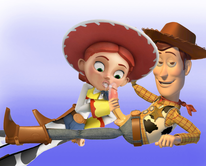 1boy 1girl 3d blue_background brown_eyes brown_hair cum_in_mouth cum_on_penis cumming cumming_penis disney green_eyes jessie_(toy_story) laying_down pixar red_hair theskilo01 toy_story toy_story_2 woody_pride