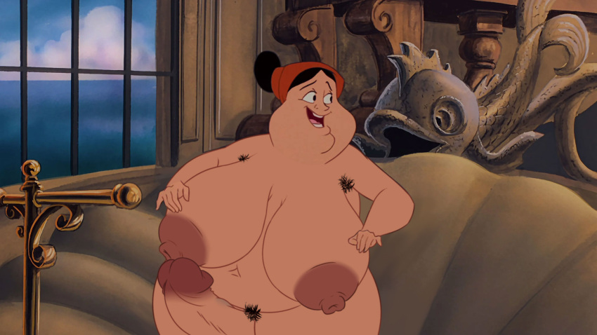 belly_bulge black_eyes black_hair carlotta chris_bryer disney futanari gigantic_ass gigantic_breasts looking_to_the_side maid maid_headdress photoshop smile the_little_mermaid