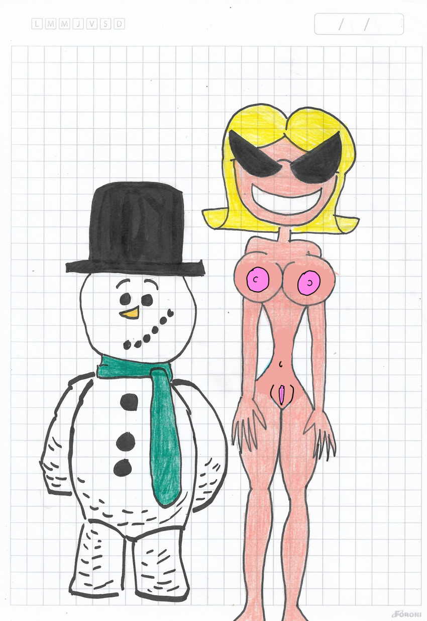 big_breasts black_eyes black_glasses black_hat breasts carrot_nose disney green_scarf human knick_knack navel nipples pixar pussy sexy_body smile snowman toy yellow_hair