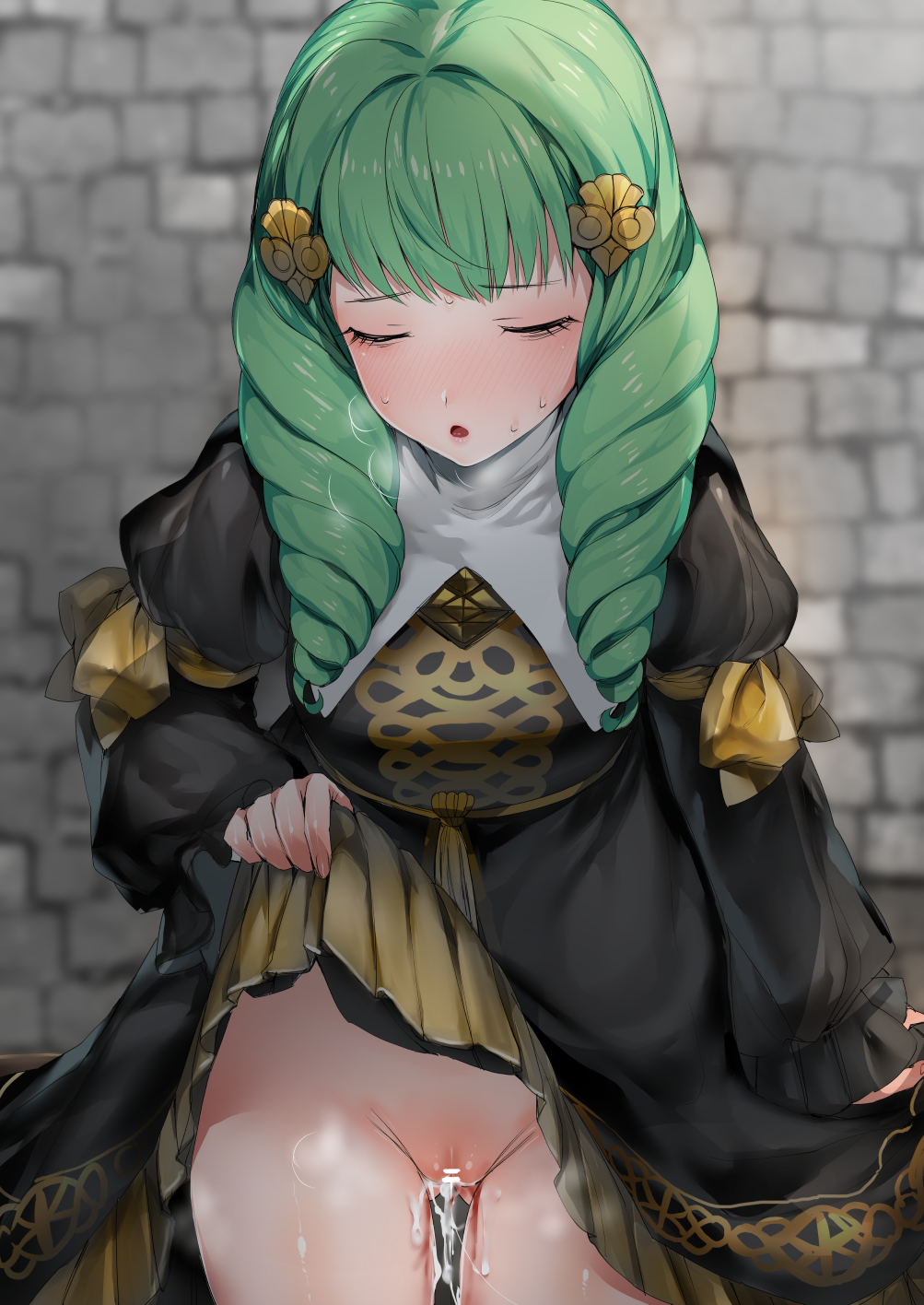 1girl 1girl 1girl bangs bar_censor black_dress b***d blush censored closed_eyes clothed_female cowboy_shot cum cum_drip cum_in_pussy dress dress_lift drill_hair echigoya_takeru female_focus female_only fire_emblem fire_emblem:_three_houses flayn_(fire_emblem) garreg_mach_monastery_uniform green_hair hair_ornament lifted_by_self long_hair long_sleeves mature mature_female nabatean_(fire_emblem) open_mouth pussy solo_female solo_focus tagme vaginal_blood virgin virginal_blood