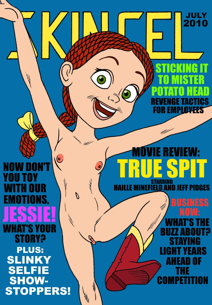 1girl arms_up belly_button boots dancing doll green_eyes grin jessie_(toy_story) nude nude_female pussy red_hair small_breasts toonytease toy toy_story