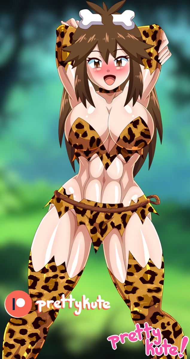 1girl alluring athletic_female big_breasts bone_hair_ornament brown_eyes brown_hair cleavage fit_female jungle jungle_girl leaf_(pokemon) loincloth nintendo pk-studios pokemon posing stockings two_piece_loincloth