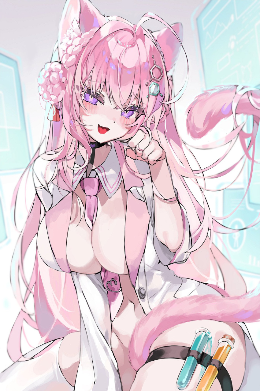 1girl anthro arm_support aroused aroused_smile belly belly_button big_breasts blush blush_lines blushing_at_viewer braided_hair breasts breasts_bigger_than_head cat_ears cat_tail catgirl chemicals cleavage collar collarbone female_focus female_only fluids furry furry_ears furry_tail grin hair hair_between_eyes hair_ornament hakui_koyori half-closed_eyes half-dressed half_naked hand_between_legs hands_up hololive holox horny horny_female kithera labcoat liquid looking_at_viewer massive_breasts navel navel_line no_bra no_panties no_pants only_female open_mouth open_shirt pale-skinned_female pale_skin partially_clothed pink_fur pink_hair purple_eyes scientist seducing seductive seductive_eyes seductive_gaze seductive_look seductive_mouth seductive_pose seductive_smile simple_background sitting sleeves smile smiling_at_viewer spilling stockings tail_between_legs tail_covering_privates thick_thighs thighs tie tie_between_breasts virtual_youtuber