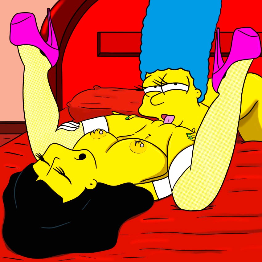 breasts erect_nipples high_heels jessica_lovejoy lesbian_sex marge_simpson nipple_piercing orgasm_face pussylicking shaved_pussy spread_legs stockings the_simpsons thighs yuri