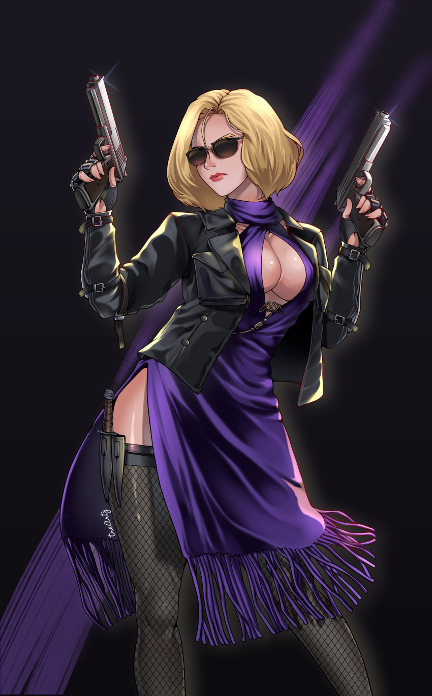 1girl 1girl 1girl alluring big_breasts blonde blonde_female blonde_hair boob_window breasts brown-tinted_eyewear cleavage dagger death_by_degrees dress female_only fingerless_gloves fishnet fishnet_legwear fishnets gloves gun knife milf namco nina_williams purple_clothing purple_dress short_hair silf sunglasses tekken tekken_1 tekken_2 tekken_3 tekken_4 tekken_5_dark_resurrection tekken_6_bloodline_rebellion tekken_7 tekken_8 tekken_blood_vengeance tekken_bloodline tekken_tag_tournament tekken_tag_tournament_2 tekken_the_motion_picture thotlerrr tinted_eyewear treartz weapon