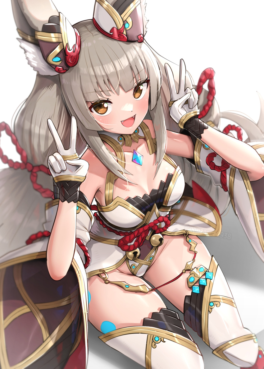 1girl 1girl :d absurd_res alluring animal_ears big_breasts breasts brown_eyes cat_ears cleavage commentary_request detached_sleeves double_v fangs gloves gonzarez grey_hair high_res leotard long_hair looking_at_viewer nia_(blade)_(xenoblade) nia_(xenoblade) open_mouth simple_background sitting smile stockings thighs v white_background white_gloves white_sleeves white_thighhighs xenoblade_(series) xenoblade_chronicles_2