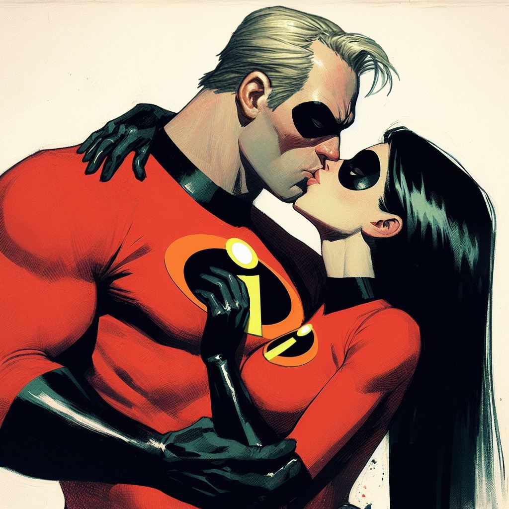 age_difference ai_generated black_hair bob_parr bodysuit disney father_&amp;_daughter incest kissing light-skinned_female light-skinned_male long_hair older_male pixar robert_parr size_difference superhero superheroine the_incredibles violet_parr younger_female