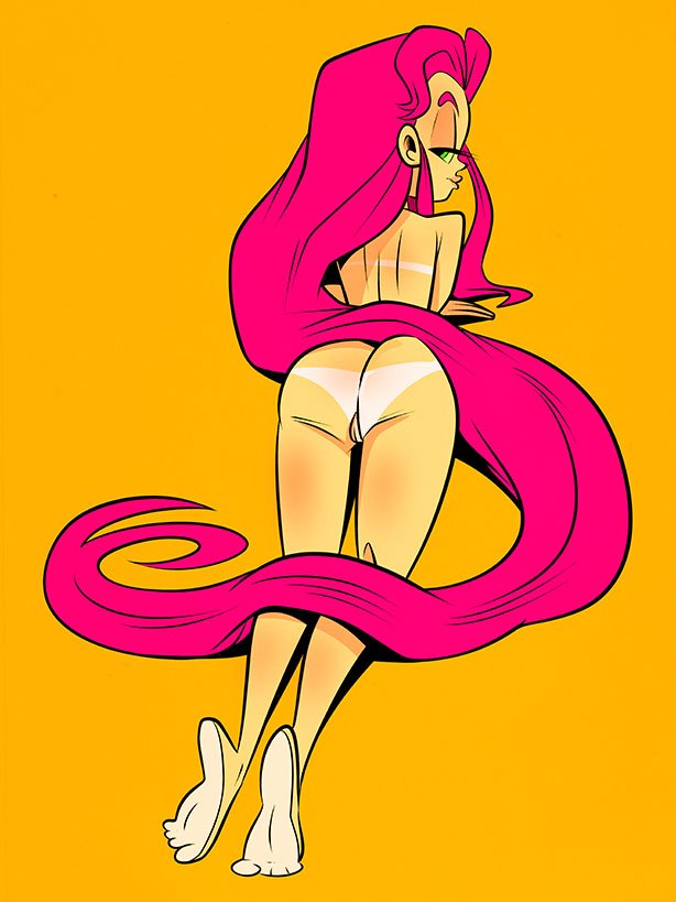 1girl 1girl alien alien_girl ass ass barefoot cartoon_network closed_mouth dc_comics eyebrows eyelashes feet female_only green_eyes looking_at_viewer naked_female nude open_eyes pink_hair pussy pussy sexy sexy_body starfire teen_titans themrock toes yellow_background