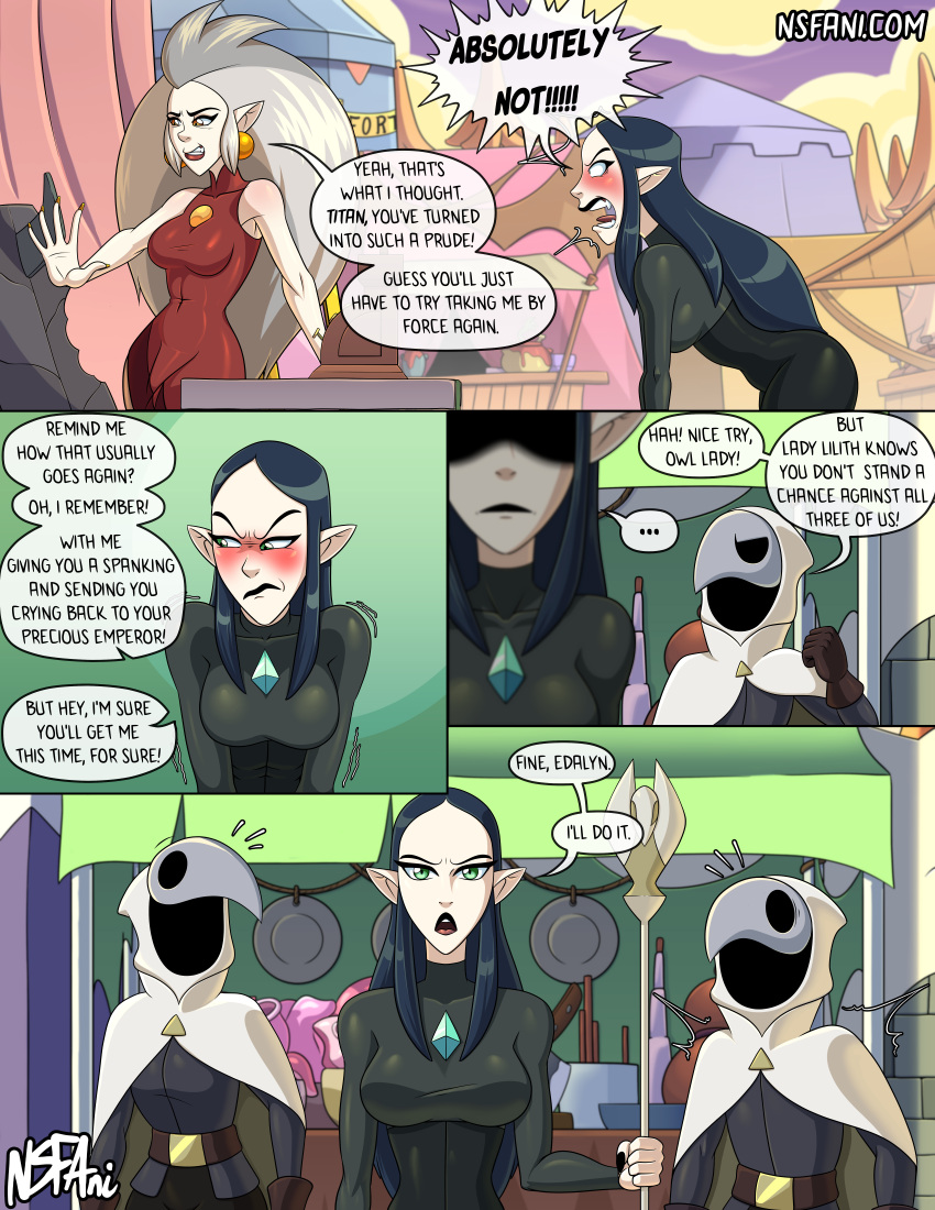 15_minutes_in_heaven_(the_owl_house)_(comic) 1boy 1futa 1girl 2_girls breasts bulge clothed clothing coven_guard dialogue disney disney_channel eda_clawthorne english_text fully_clothed futanari green_eyes humanoid imminent_sex light-skinned_female light-skinned_futanari light_skin lilith_clawthorne male nsfani penis pointy_ears smooth_skin standing steve_(the_owl_house) text the_owl_house thick_thighs unseen_male_face white_hair wide_hips