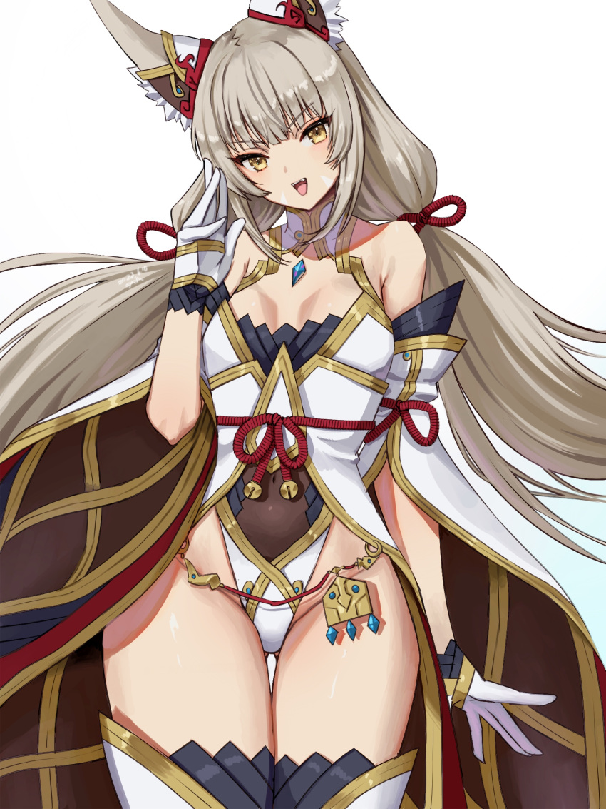 1girl 1girl absurd_res alluring bare_shoulders boots breasts cat_ears catgirl child_bearing_hips core_crystal curvy detached_sleeves facial_markings fangs female_only grey_hair high_res japanese_clothes leotard long_hair looking_at_viewer midriff navel nia nia_(blade)_(xenoblade) nia_(xenoblade) nintendo open_mouth oyasu_(kinakoyamamori) simple_background small_breasts stockings thick_thighs thigh_high_boots thighs twin_tails very_long_hair voluptuous white_boots white_leotard white_thighhighs wide_hips xenoblade_(series) xenoblade_chronicles_2 yellow_eyes